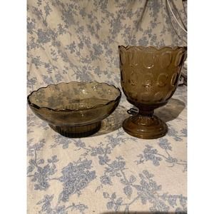 EO Brody Co Smoky Brown Pressed Glass Pedestal Bowl and Thumbprint Vase